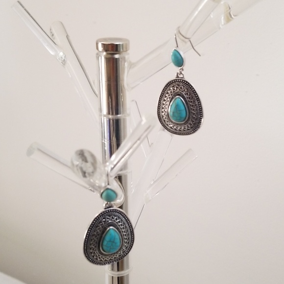 Simulated Turquoise Textured Drop Earrings - Picture 2 of 4
